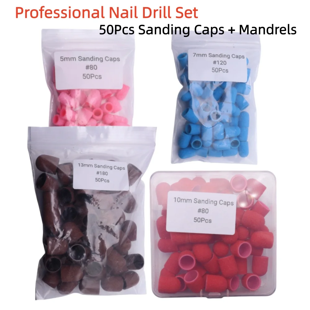 50Pcs Sanding Caps with Mandrel – Nail Drill Sleeves Set for Manicure, Pedicure & Callus