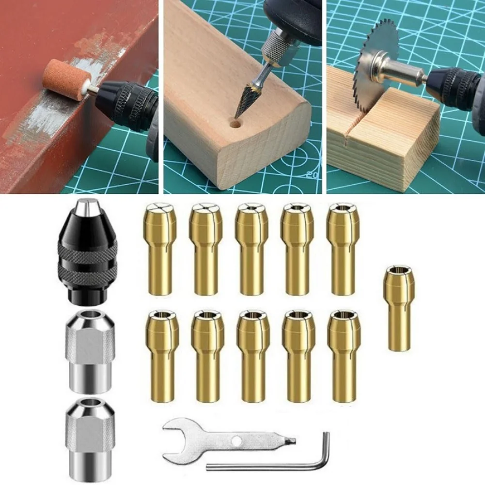 16pcs Drill Chuck Collet Set 0.5-3.2mm Electric Drill Bit Collet Slim Open-end Spanner L-wrench Drill Chucks For Rotary Tool