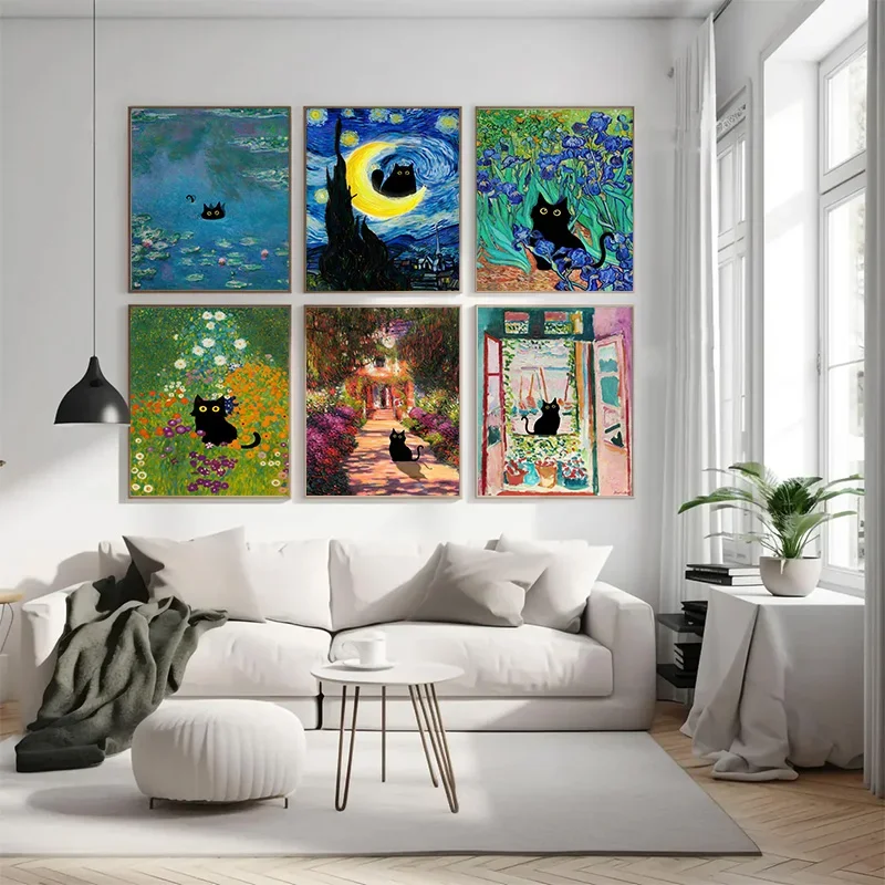 Multiple sizes 1pc frameless Large size Canvas Painting,Classic Art Masterpieces Black Cat Posters Retro Wall Art Canvas Print D