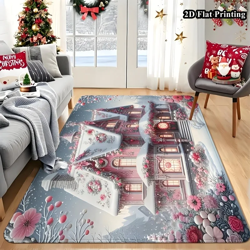 Christmas Magic Train Area Rug Fantasy Winter Locomotive Snow Scene Print Large Floor Carpet for Living Room Xmas Decor Carpet