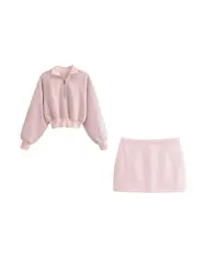 Women Fashion With Zip Cropped Sweatshirt And Mid Waist Back Zipper Mini Skirt Female Two Piece Sets Mujer