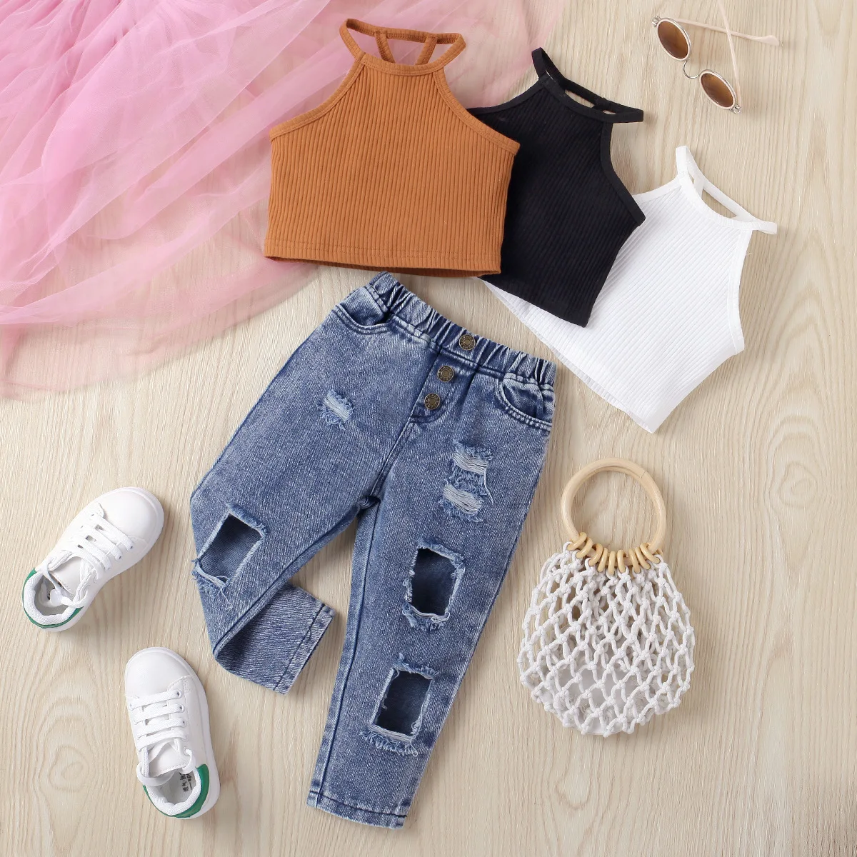 2023 Fashion girls summer pit strip solid color sleeveless off-the-shoulder pullover ripped denim pants two-piece set 2-9 y