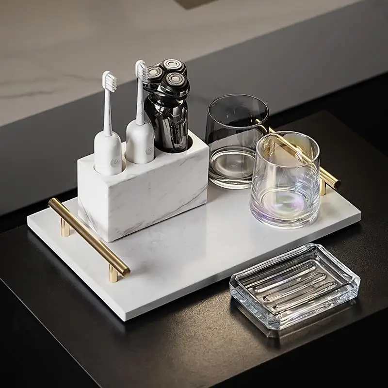 

Three marble countertops, washing, toothbrush holder, family, double tray storage, mouthwash cup, bathroom, high-end bathroom