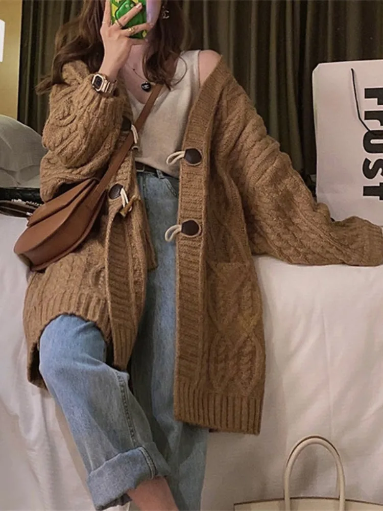 Slouchy Versatile Sweater Cardigan Medium Long Loose Slim Knitted Cardigan Thickened Fried Dough Twists Sweater Coat Women