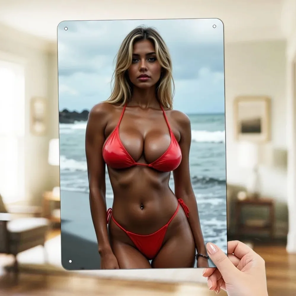 2D Flat Tin Sign, Blonde Bikini Pinup Girl Sexy Cifbuy1124 Teasing Print, Metal Wall Decor for Kitchen Bedroom Club Office, G
