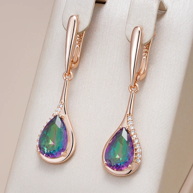 Wbmqda Colorful Stone Long Drop Earrings For Women 585 Rose Gold Color Luxury Wedding Party Jewelry Accessories