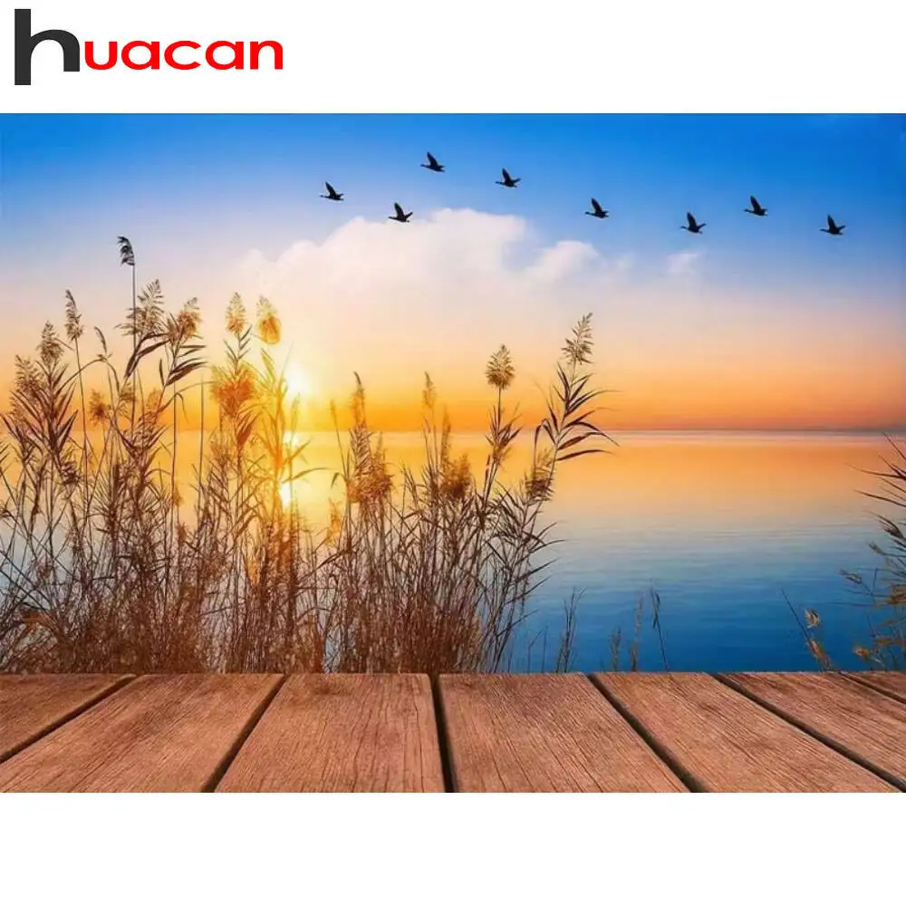 Huacan 2025 مجموعة جديدة لوحات الماس دولفين السماء الماس التطريز البحر الغروب فسيفساء لوحات الديكور الفنية