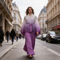 Miyake Gradient Pleated Fashion 2-Piece Set Women's Irregular Belt Bat Sleeve Top A-Line Long Skirt Elegant Party New Set