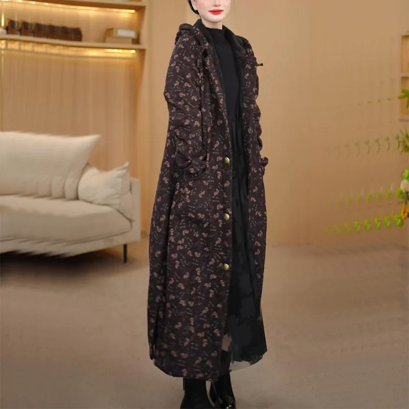 Novo 2025 casaco de trincheira feminino mais veludo grosso outono inverno longo impressão com capuz blusão jaqueta casual manter quente casaco longo