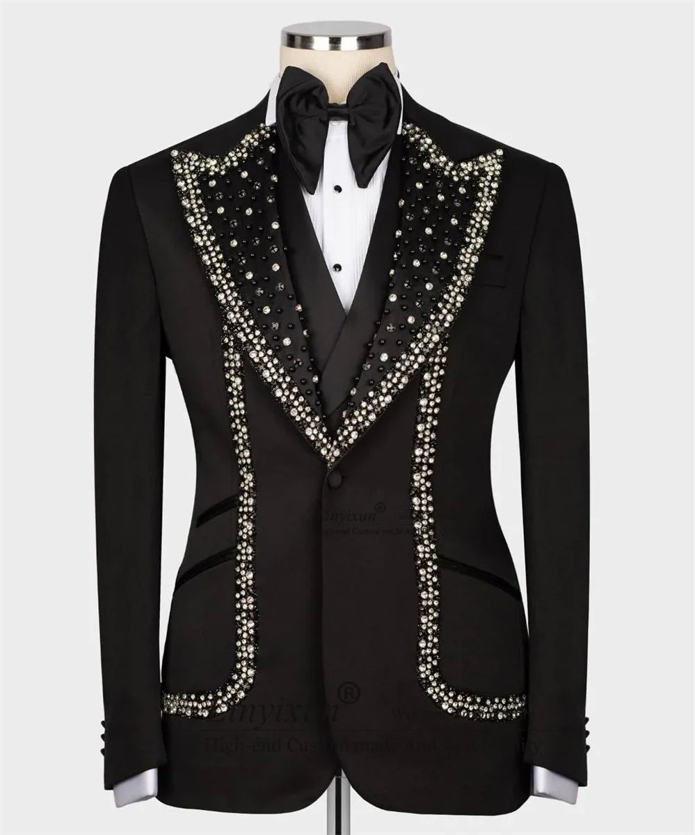 

Elegance Beaded Gem Crystals Men Suits Peaked Lapel Wedding Groom Tuxedos 2 Pieces Sets Male Party Prom Blazer Slim Costume Homm