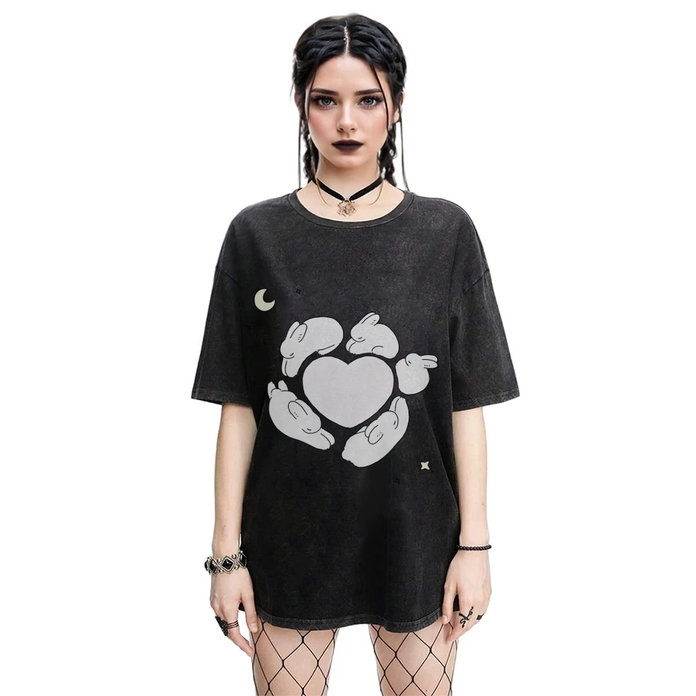 Y2K グラフィックTシャツ バニーハートTシャツ 綿100% 高品質 オーバーサイズ ウォッシュドTシャツ ウサギ ムーン プリント キュート Y2K バイブ ゴシック