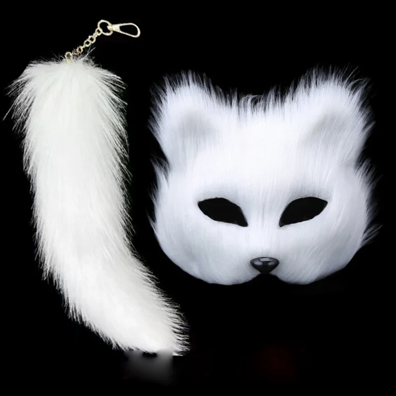 Maschera termica maschera di volpe in pelliccia sintetica, maschera termica e coda per ragazza Furry Cat Fox Wolf Mask per le donne Costume di Halloween