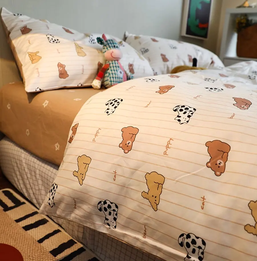 Cute cartoon bear cat puppy brown coffee bedding set teen,twin full queen cotton home textile bed sheet pillow case quilt cover