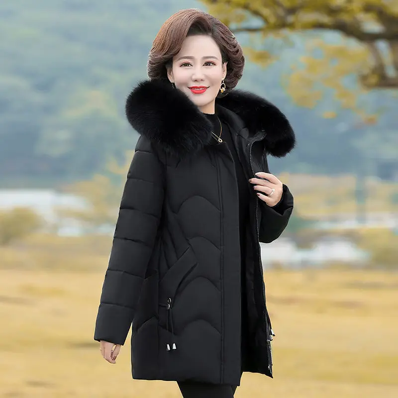 

Women Winter Loose Hooded Fur Collar Coat Thicken Parkas Middle Aged Mother Versatile Casual Down Cotton-Padded Jacket