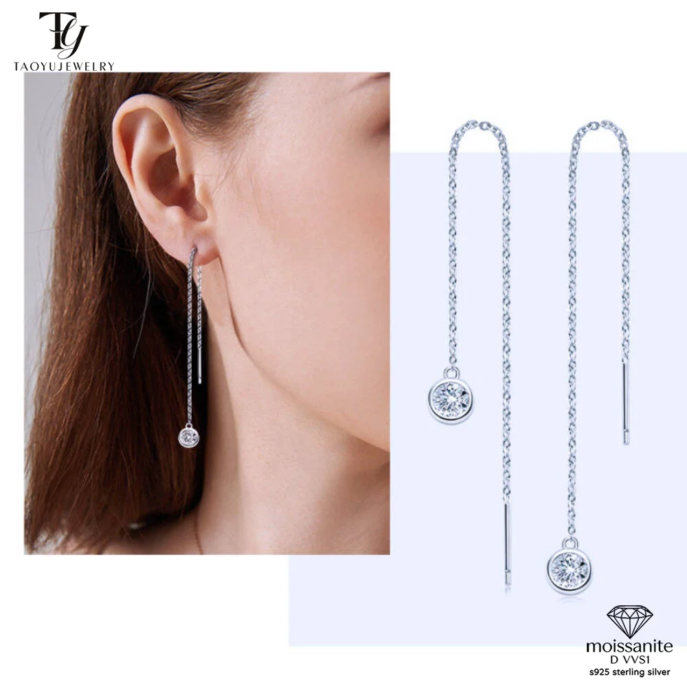 TY 925 Sterling Silber Lange baumelnde Einfädler-Ohrringe, Moissanit-Tropfenohrringe, Mond-Ohrlinie, Kette für Frauen, neu im Schmuck