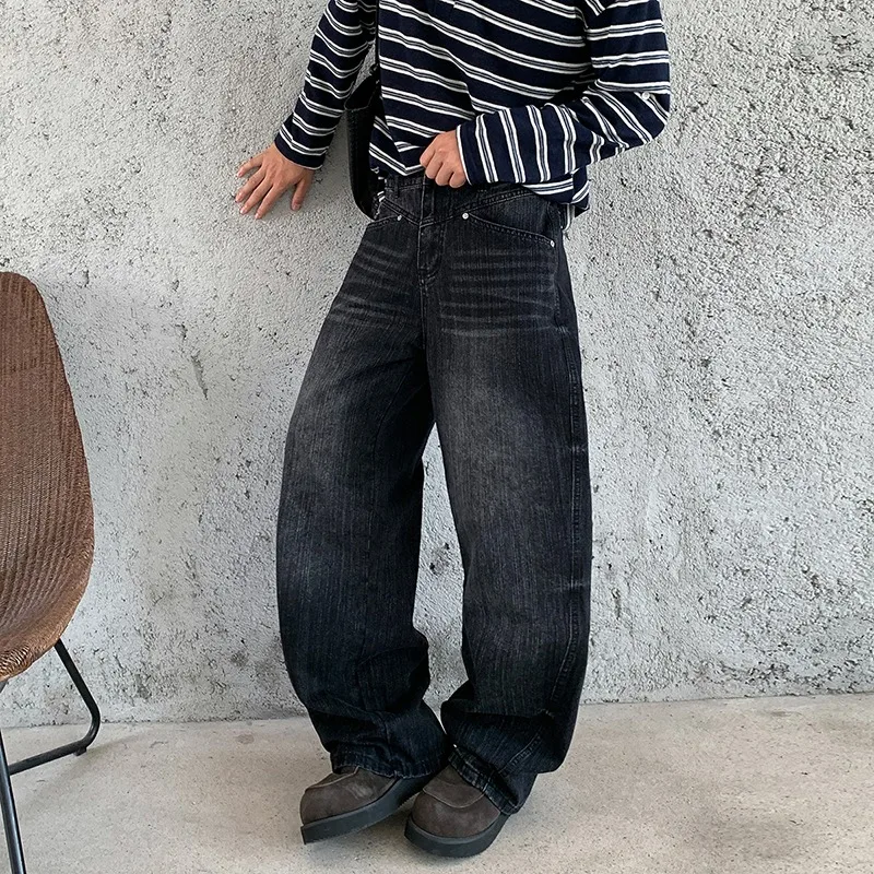 Men Women Y2K Streetwear Denim Trousers American Retro Deconstructed Detail Bamboo Slub Whisker Loose‑fit Jeans