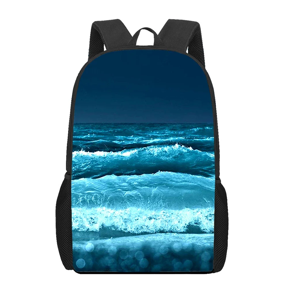 Ocean Theme Sea Waves Pattern Backpack Night Moon Student Book Bag Laptop Daypack for Work Travel Study Lightweight Rucksack