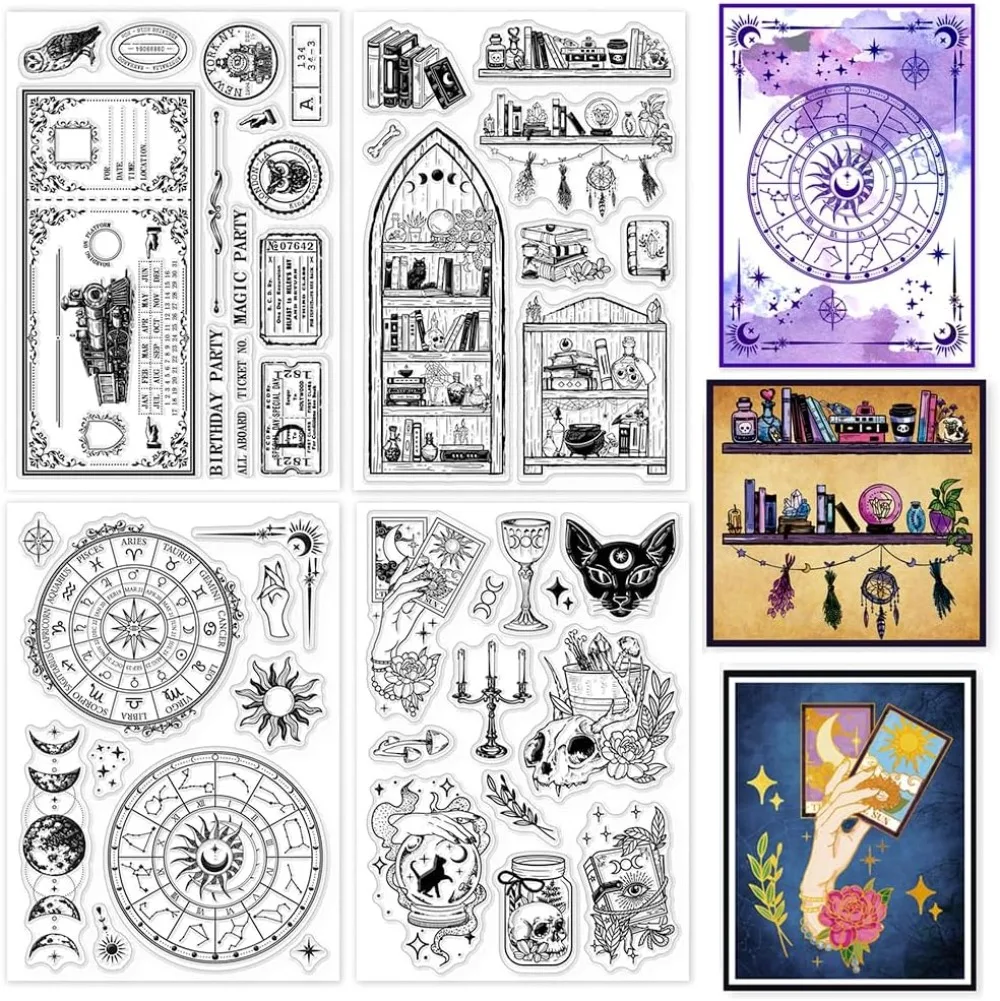 

4 Sheets Magic Divination Clear Stamps for Card Making Retro Ticket Gothic Bookshelf Books Train Silicone Clear Stamp Seals