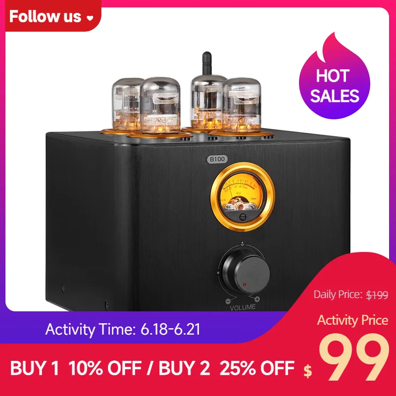

B100 HiFi Bluetooth 5.0 Valve Tube Amplifier Optical/Coaxial Integrated Amp Audio Receiver USB DAC Power Amp 25W×2
