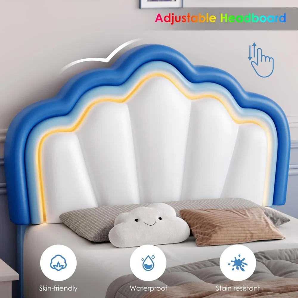 Bingkai tempat tidur LED berlapis kain kembar dengan laci penyimpanan, tempat tidur anak laki-laki dengan Headboard teratai dapat disesuaikan, bingkai tempat tidur Platform kulit imitasi