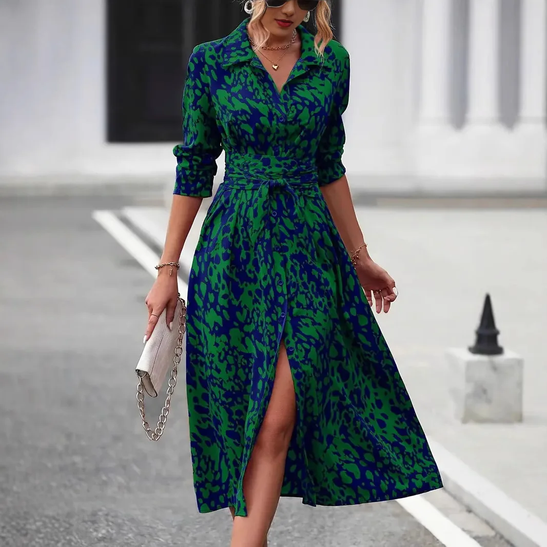 European And American Whole-body Printed Button Excellent Long-sleeved Waist A-shaped Dress
