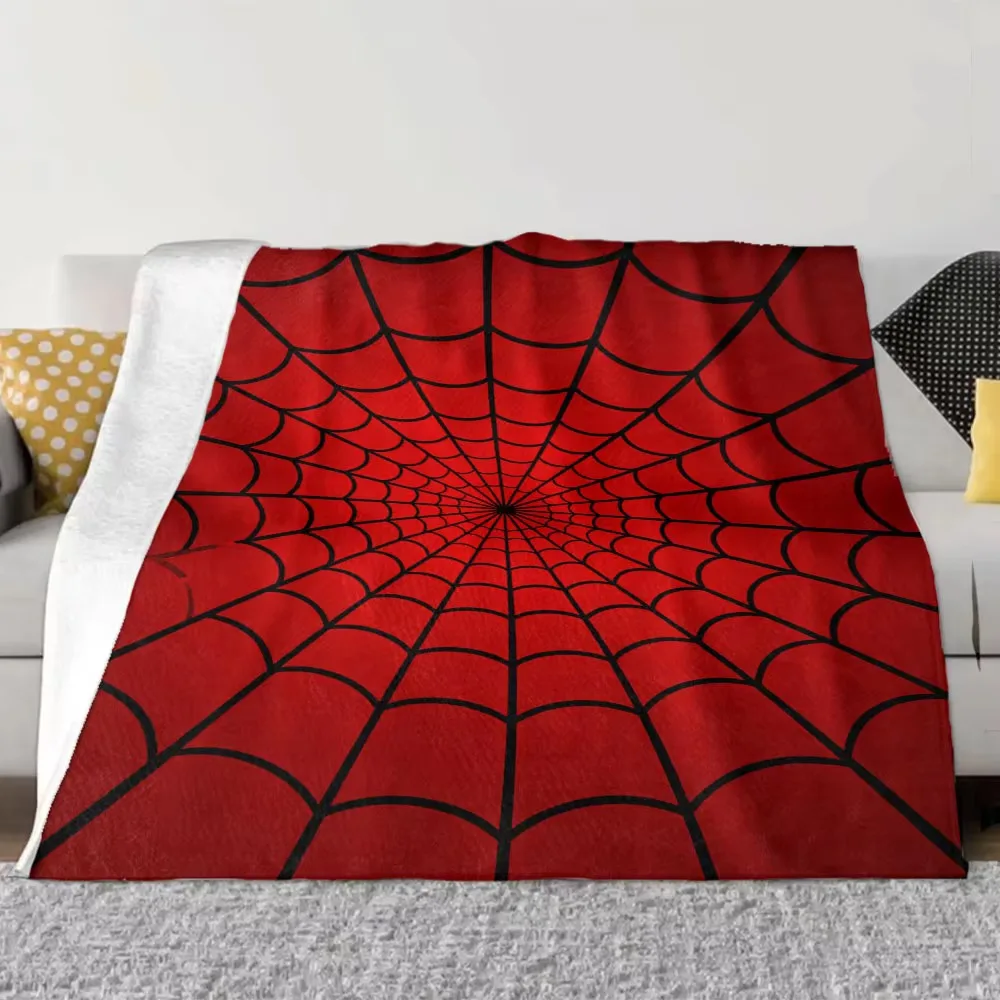Red Spider Web Pattern Plush Throw Blanket Symmetrical Stylized Design Black Lines On Red Background For Cozy Sofa Bed Warm