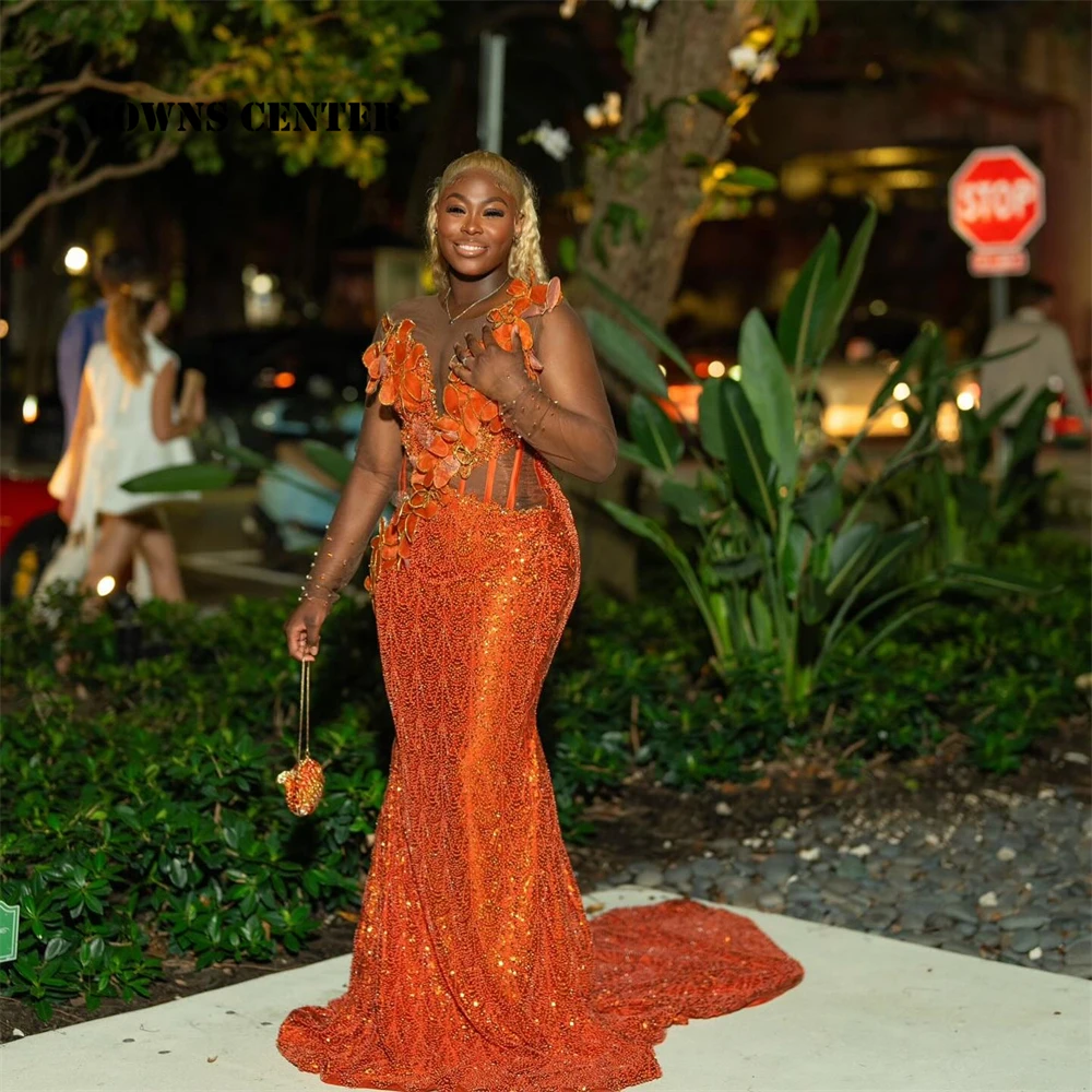 Enchanting Orange Beaded Mesh Long Sleeve Aso Ebi Evening Dress African Mermaid Women Formal Party Dress Wedding Customized