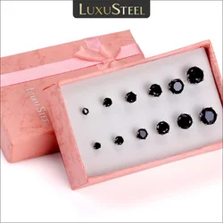 LUXUSTEEL Black Crystal Earrings Female Round Cubic Zirconia Ear Stud Fashion Jewelry Party Wedding Pendientes Brincos 6pairs