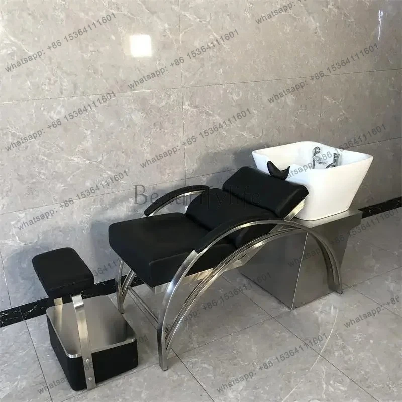 cadeira de salão de beleza Semi-reclining shampoo bed Barber shop ceramic basin Simple modern hairdresser flush bed High-end