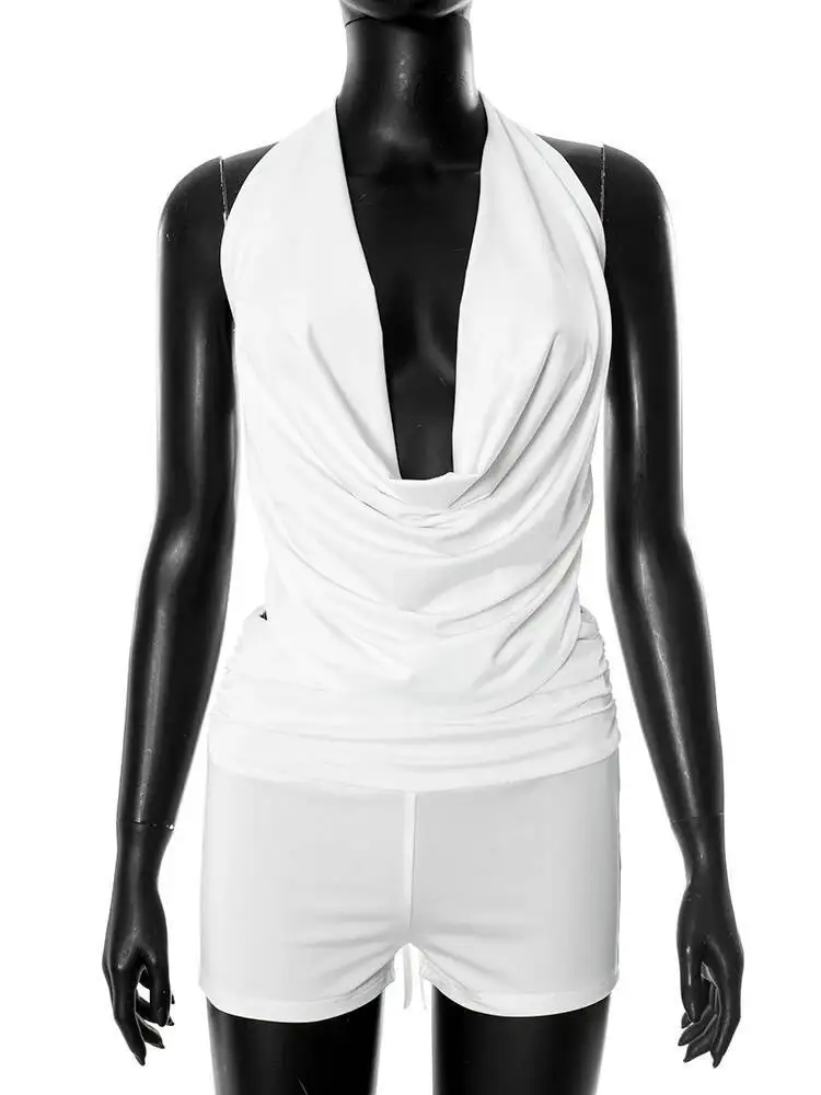 Sexy elegante 2 peça conjunto halter sem costas bandagem gola balanço regatas + shorts combinando streetwear apertado estiramento terno n8mk