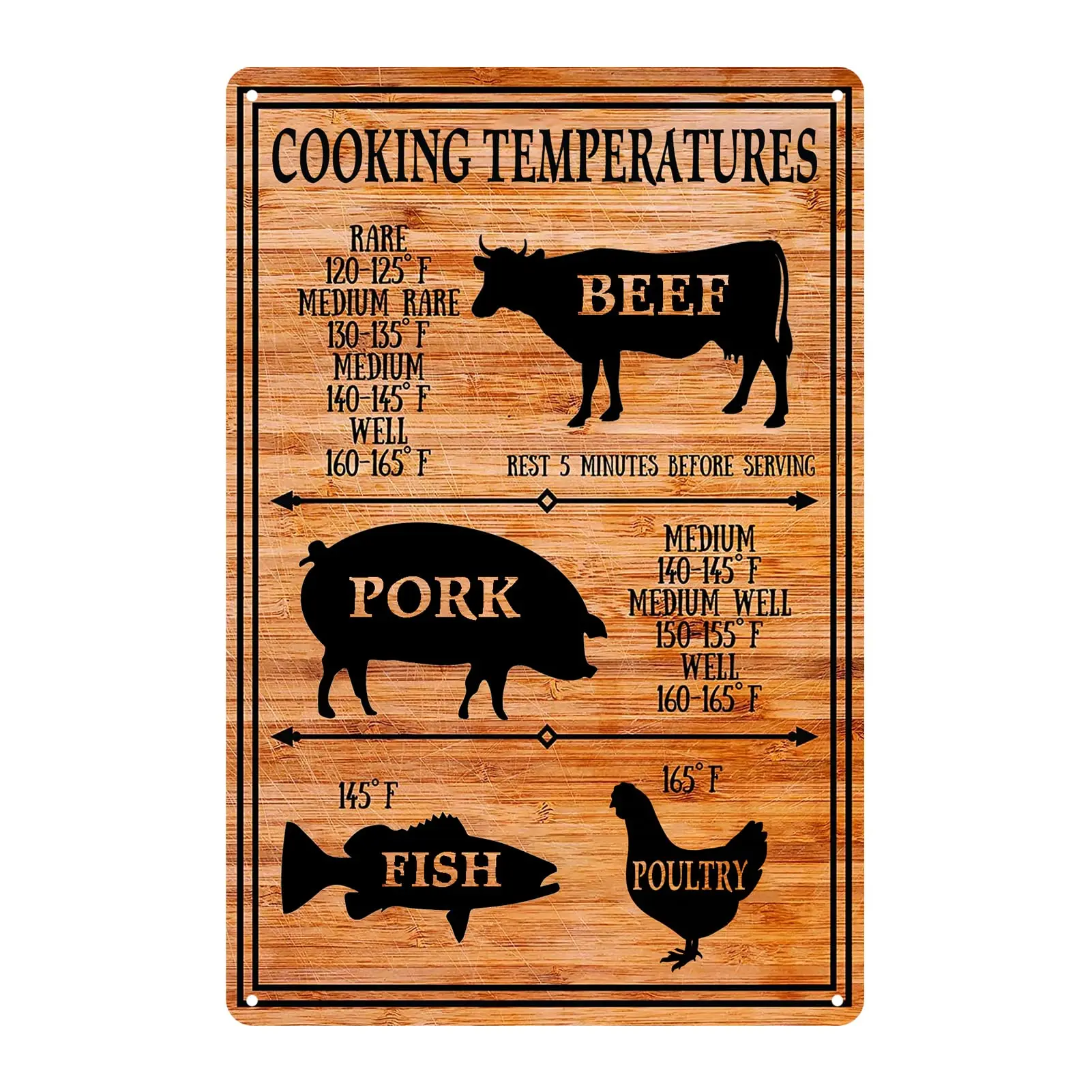 Vintage Tin Sign Decor Cooking Temperatures Chart - Metal Sign Meat Internal Cooking Temperatures Metal Sign for Home Coffee Din