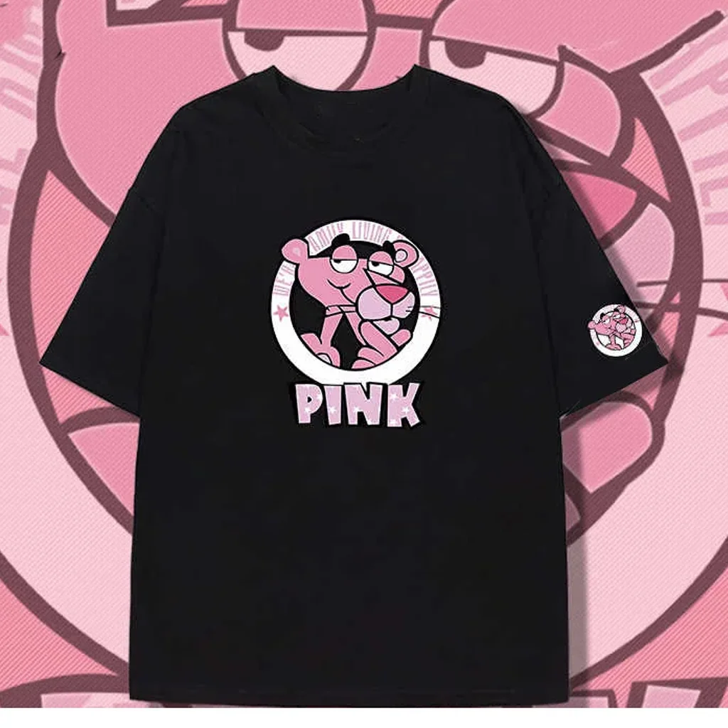 （Miniso)Men's Clothing Pink Panther Print High Quality Cotton T-shirt Black Short-Sleeved Casual Tops Clothes Children's T Sh