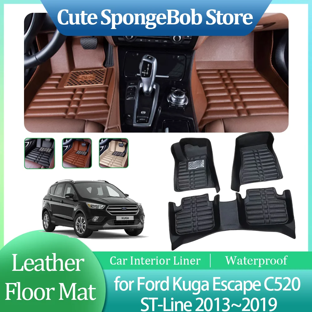 Car Leather Floor Mat for Ford Kuga Escape C520 ST-Line 2013~2019 Anti-dirty Foot Liner Waterproof Pad Carpet Custom Accessories