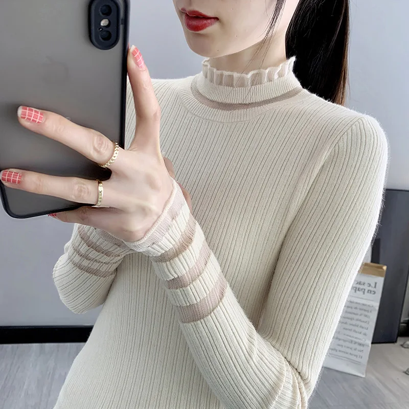 سترة نسائية محبوكة بقصة ضيقة طويلة Sve بياقة عالية لون نقي طاقم Ne بلوفر دانتيل طبقة أساسية