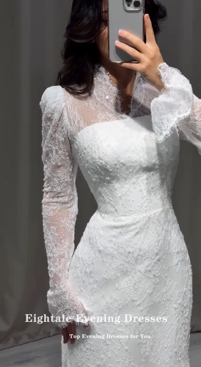 Eightale Arabische Trouwjurk Kant V-hals Aangepaste Wit Ivoor Lange Mouwen Moslim Bruidsjurk Zeemeermin Bruid Feestjurk