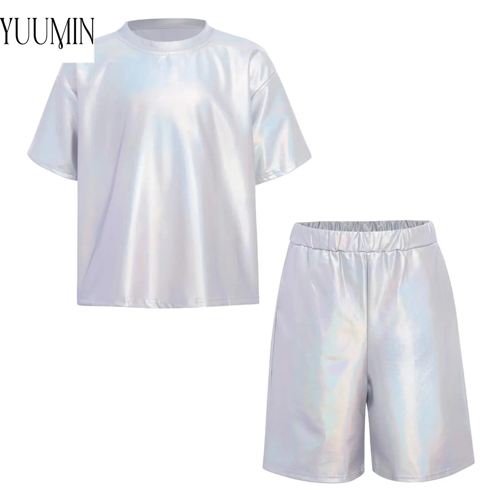 

Костюм из 2 предметов для мальчиков, металлический наряд в стиле хип-хоп, джазовый танцевальный костюм, футболка с круглым вырезом и короткими рукавами, шорты для выступлений на сцене, вечеринок