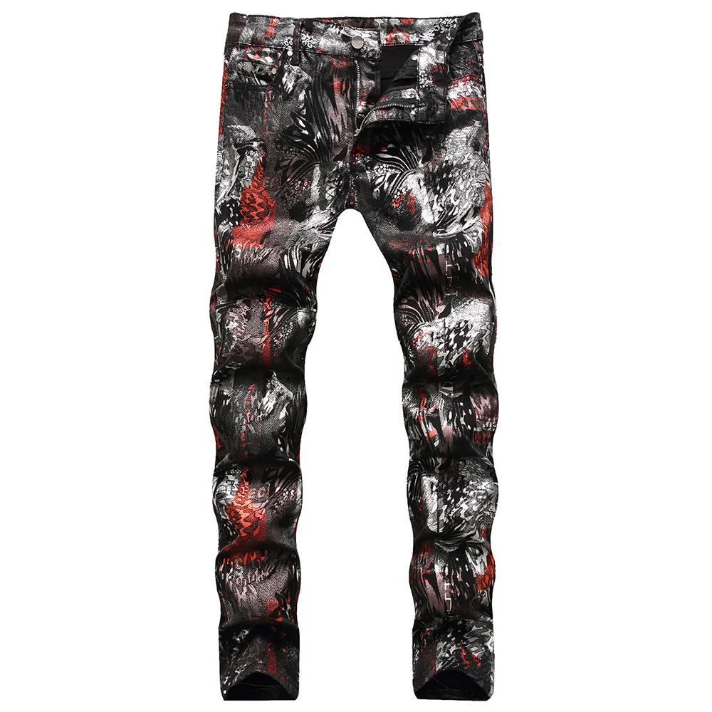 Men Coated Denim Jeans Fashion Shinny Leopard Abstract Pattern Printed Pants Slim Tapered Trousers