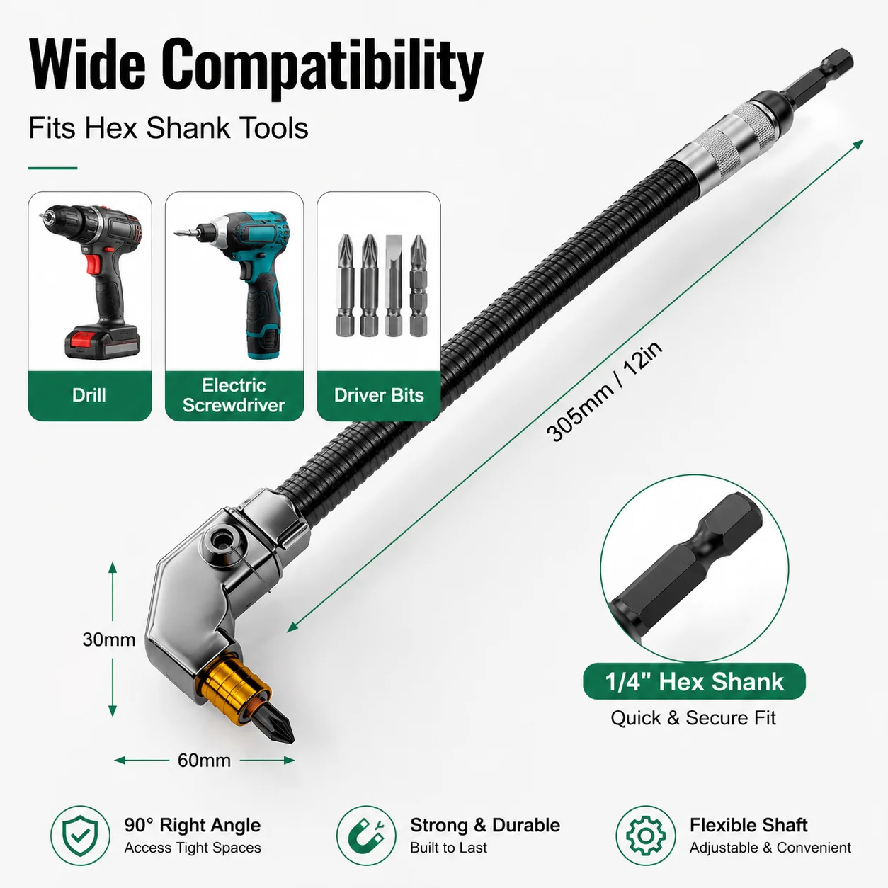 Rafford 90° Right Angle Screwdriver Bit Adapter Flexible Extension Shaft Double Ended Self Locking Drill Corner Tool for Tight S