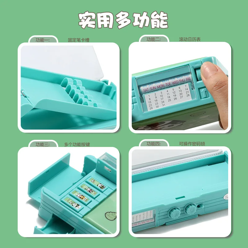Caja de papelería con bloqueo de contraseña Panda, estuche de lápices de órgano multifunción de doble capa de alto valor para estudiantes escolares