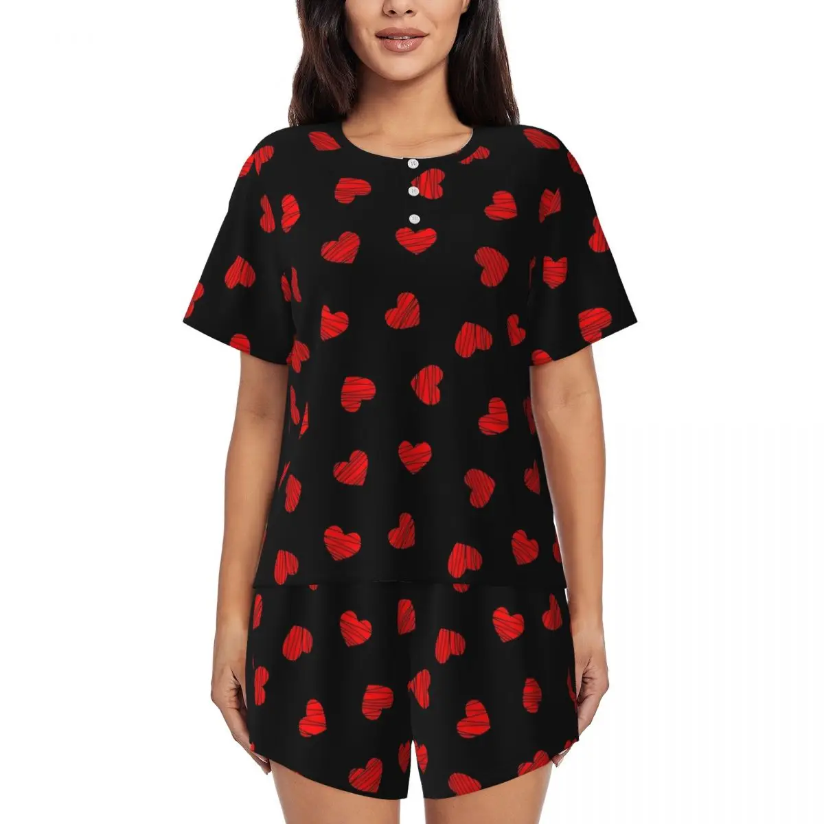 

Red Hearts Abstract Pajamas Summer Two Piece Vintage Pajama Sets Woman Short Sleeve O Neck Casual Design Home Suit