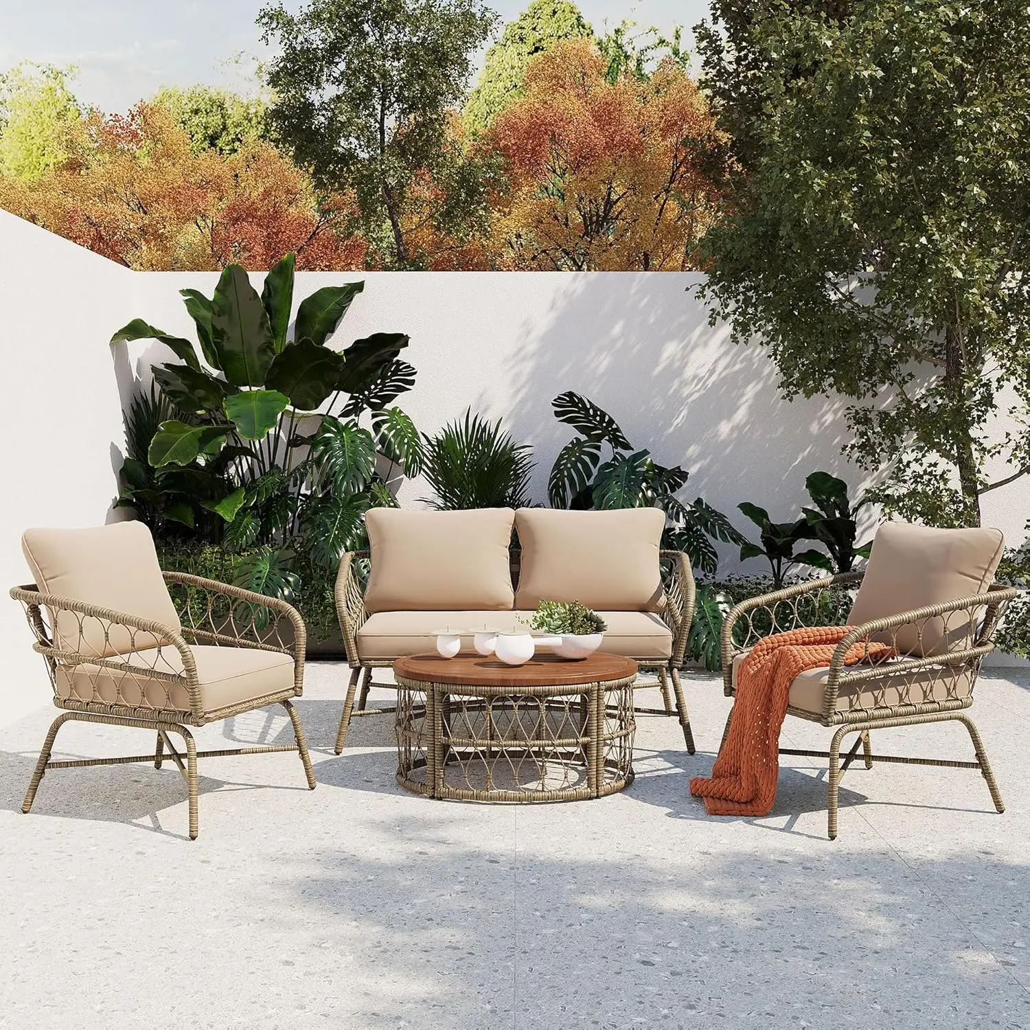 

4 Piece Patio Furniture Set with Wood Table, Outdoor Furniture Set with Removable Cushions, Outdoor Conversation, Customized