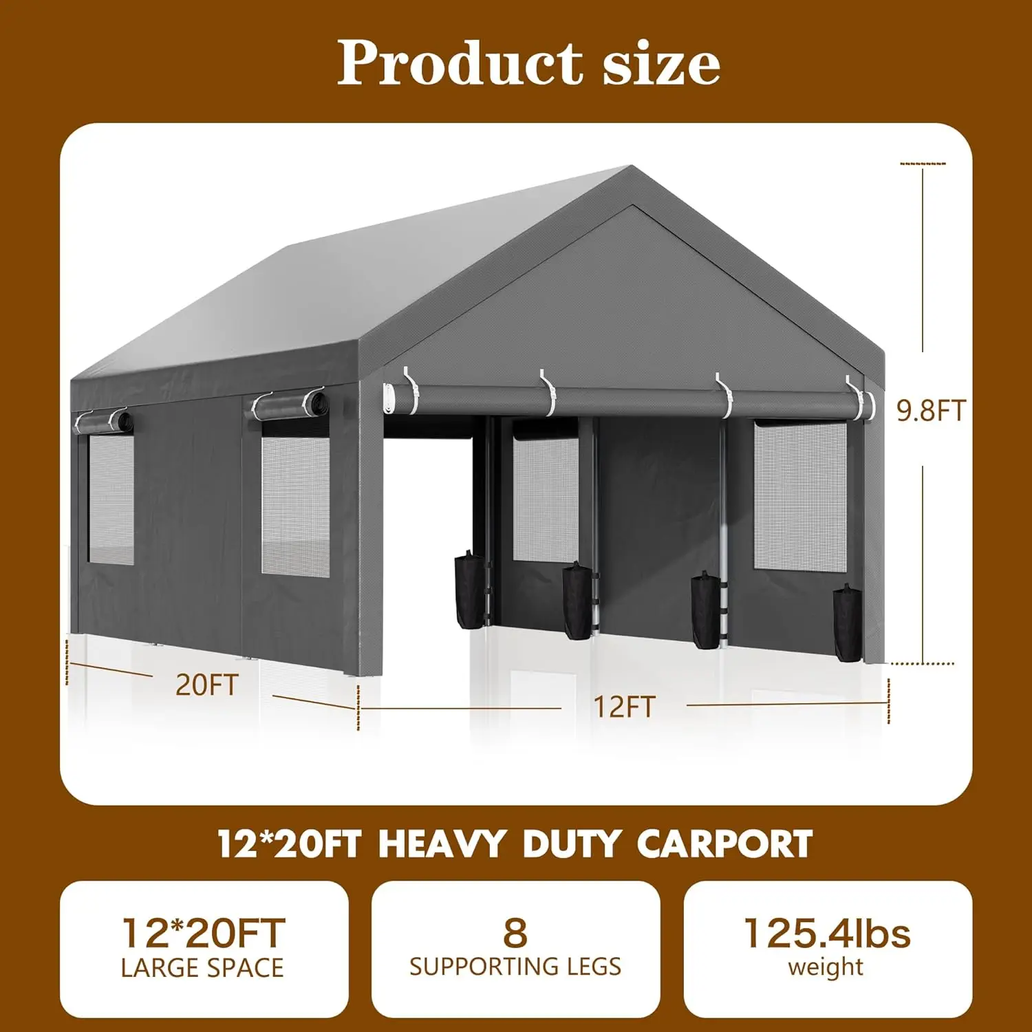 Walsunny Carport, 12X20 Ft Heavy Duty Carport Canopy With Roll-Up Windows, Portable Garage With Removable Sidewalls & Doors,