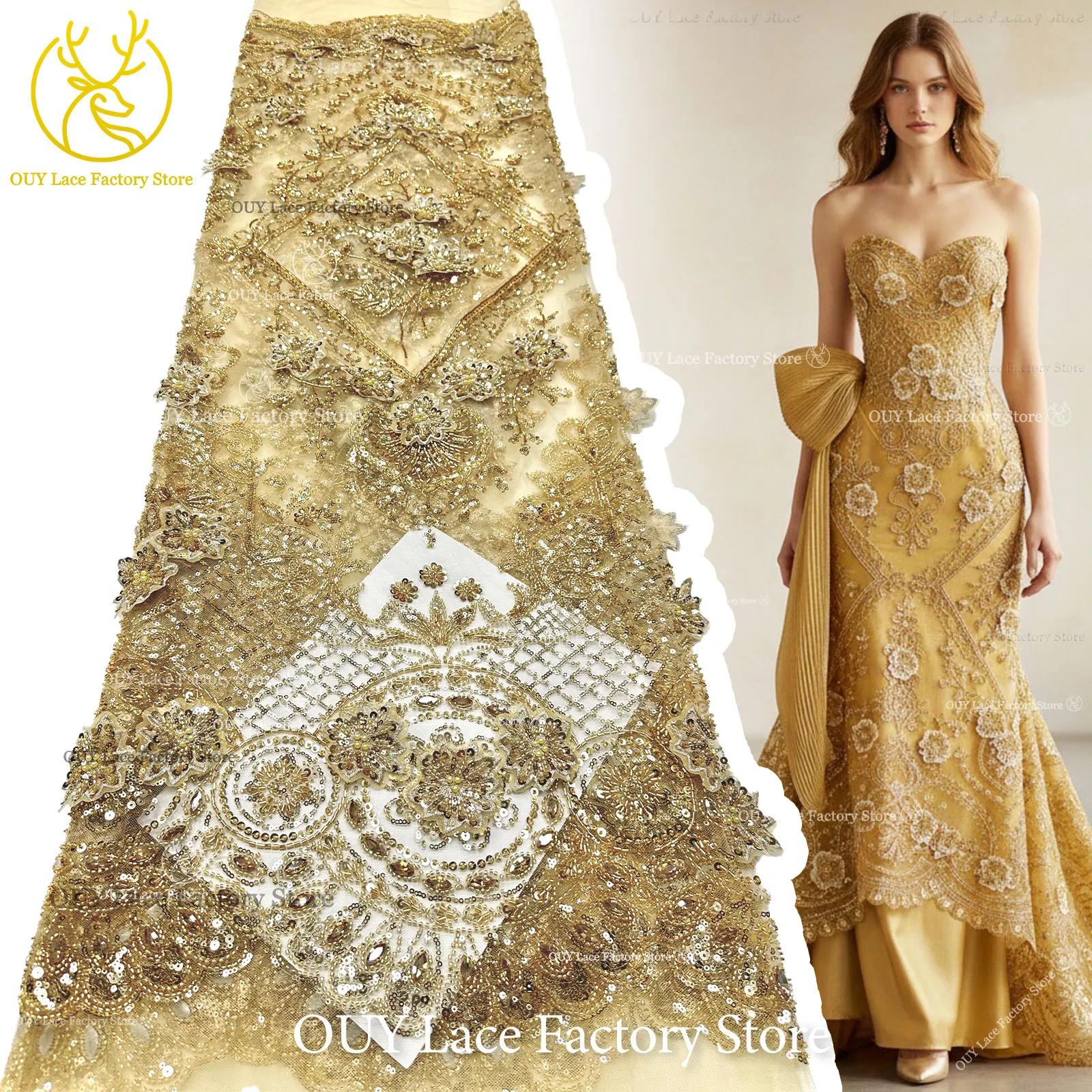 

Gold Luxury 3D Applique Embroidery Sequins Beaded Lace Fabric High Quality French Stone Lace For Sewing Wedding Bridal Dress
