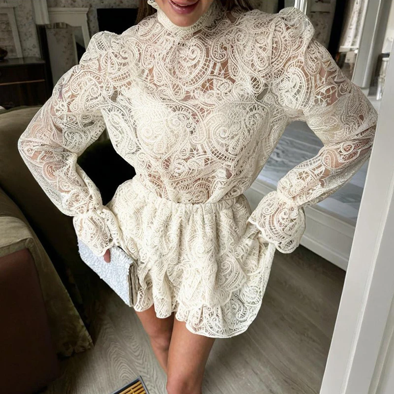 

Typhaland 2026 New Lace Hollow Two Piece Skirt Suit Women's Turtleneck Lantern Sleeve T shirt Sexy Loose Shorts Skirt Casual Set