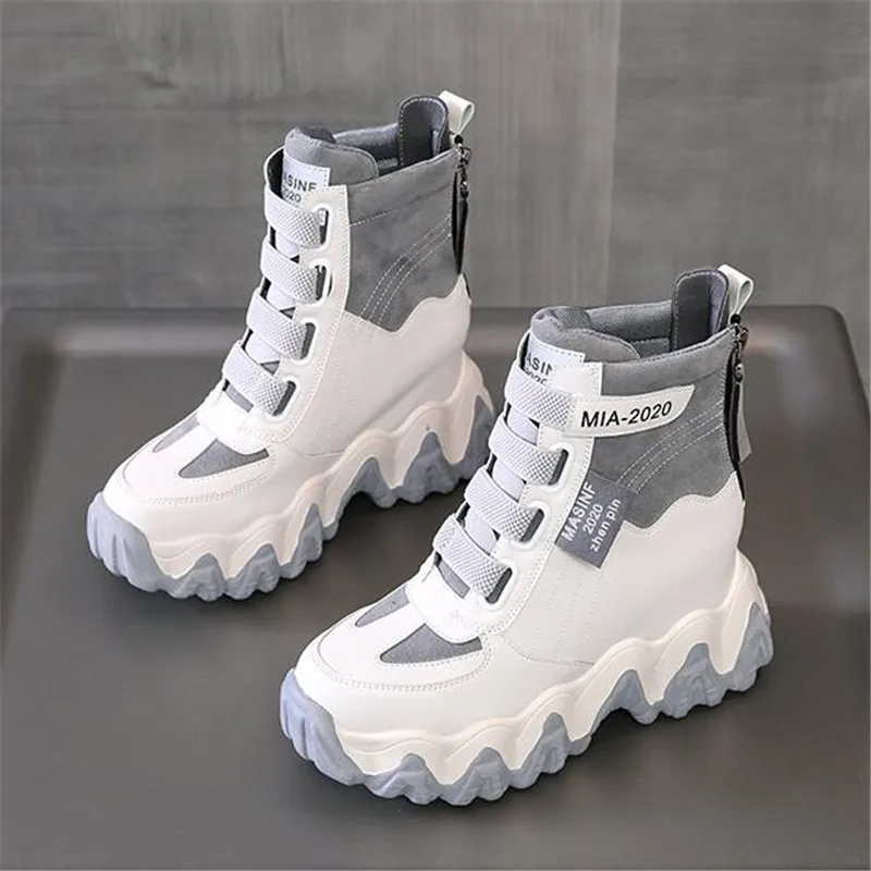 Women Chunky Boots Autumn Leather Hidden Heels Women Sneaker Spring 6cm High Heels Fashion Black Boots Platform Ankle Boots New