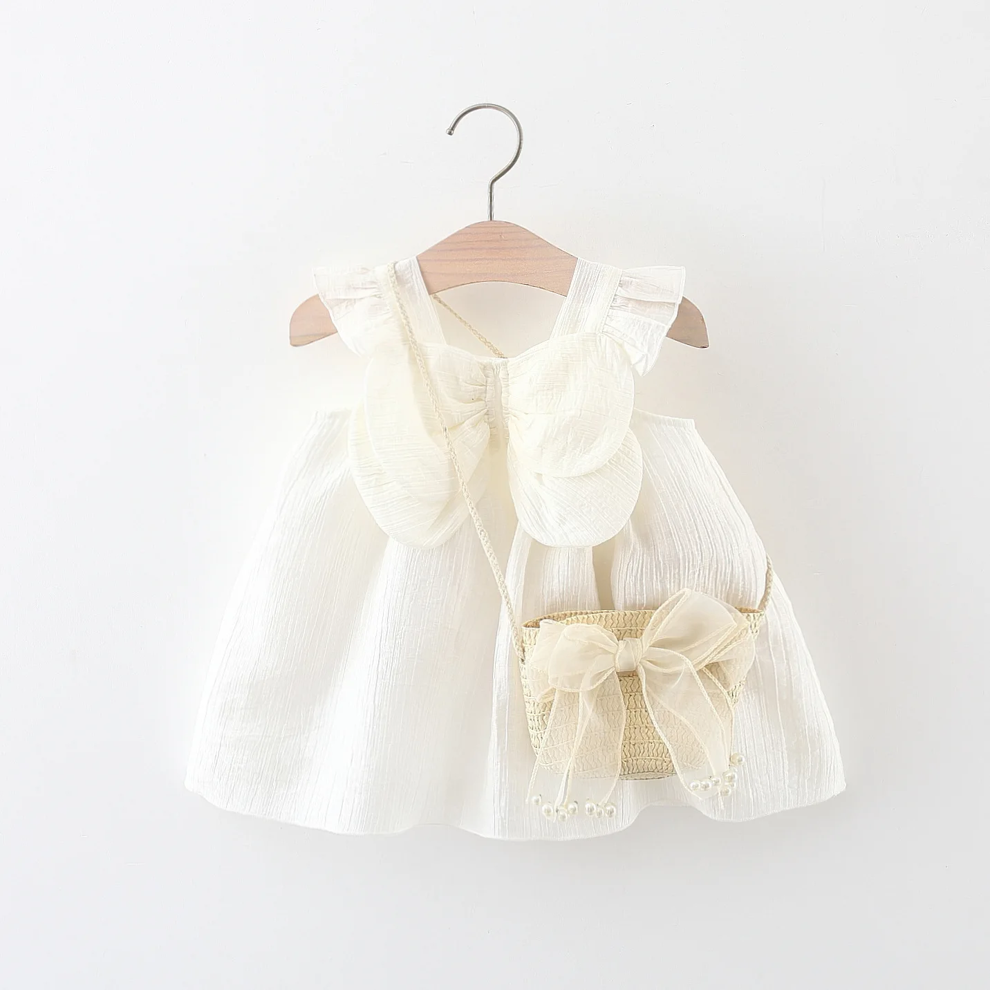 Summer New Baby Girls Dress + Crossbody Bag Bow Halter Small Flying Sleeve Lace This Solid Color Sweet Princess Dress