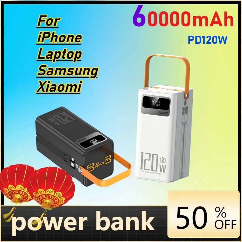 

60000mAh PD120W Power Bank Fast Charging Portable Large Battery Capacity Power Station For iPhone Laptop Samsung Xiaomi