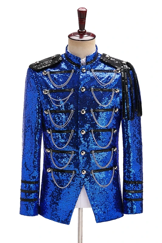 Męska wojskowa odzież wizytowa z cekinami, strój na występy pałacowe, strój dla piosenkarza, tancerza, strój dla prowadzącego, odzież taneczna dla DJ-a w klubie nocnym.