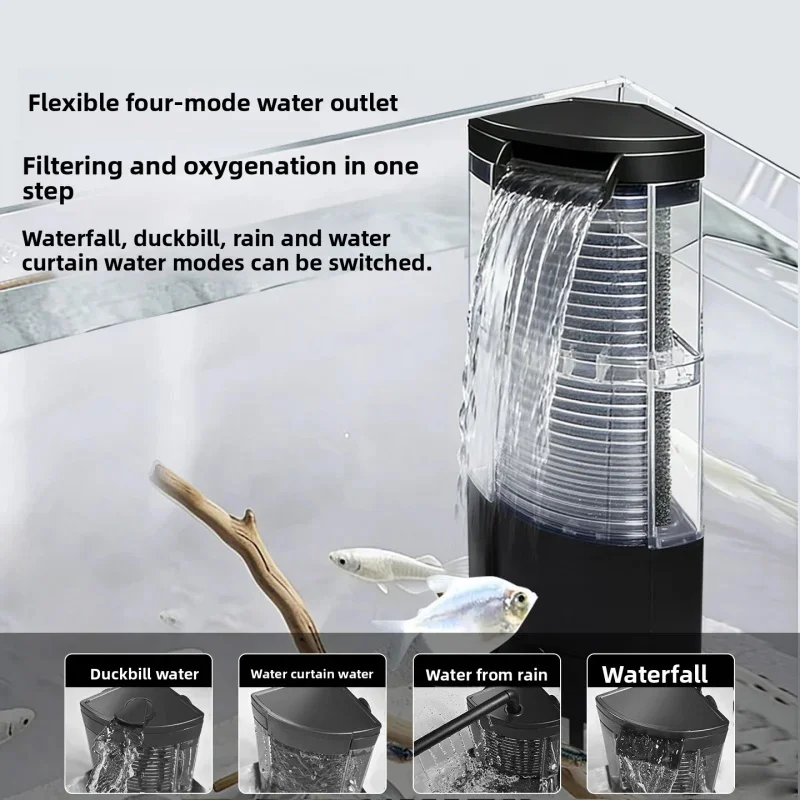 Triangular Corner Turtle Tank Low Water Internal Filter with 4 Water Flow Modes 3-in-1 Functionality for Small Aquariums