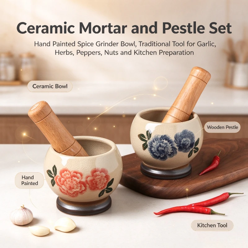 1PC Crackle Glaze Ceramic Mortar And Pestle Manual Kitchen Grinder Retro Style Grinding Bowl For Mashing Garlic Chili Herbs